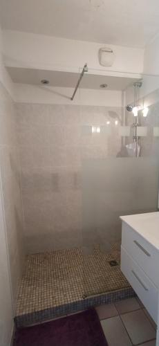 une douche avec une porte vitrée dans une salle de bain dans l'établissement beau t3, proche centre-ville, parking, à Martigues