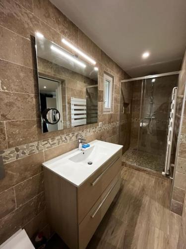 une salle de bain avec un lavabo et une douche dans l'établissement Belle Chaumière Normande, au pas de la ville d'Honfleur, à Conteville