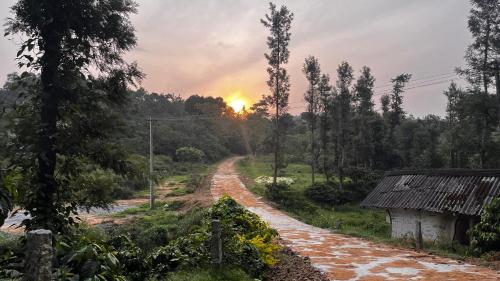 a dirt road with the sunset in the background at Lara Homestay in Gonebidu