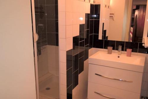 une salle de bain avec un lavabo et une douche dans l'établissement Gite rustique de montagne !, à Bézins-Garraux