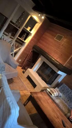 un salon avec une table et une cheminée dans l'établissement Gite rustique de montagne !, à Bézins-Garraux