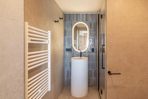 une salle de bain avec un lavabo et un miroir dans l'établissement Les Belles Terres - Résidence avec piscine vue mer, à Nice