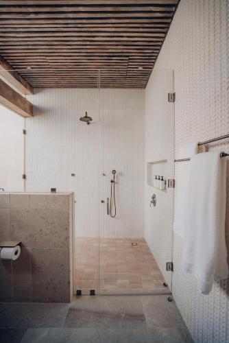 a bathroom with a shower with a glass door at Hábimo - Valle de Guadalupe in Valle de Guadalupe