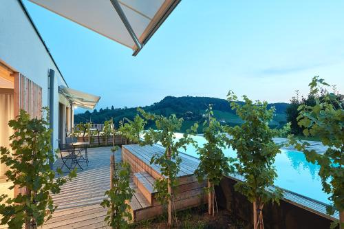 a view from the deck of a house with a swimming pool at RELAX APARTMENTS An der Lage Hochgraßnitzberg in Spielfeld