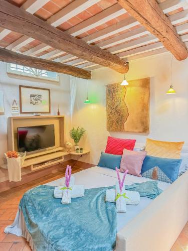 a living room with a couch and a tv at Casa Malò in Pisa