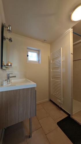 a bathroom with a sink and a shower at Ancien gîte de chasse, calme & nature in Saint-Michel-Tubœuf