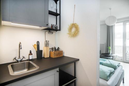 eine Küche mit einer Theke und einem Waschbecken in einem Zimmer in der Unterkunft Relax Apart Bonn in Bonn