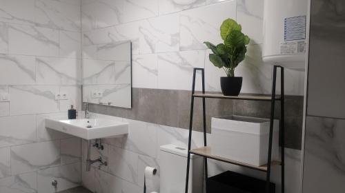 a bathroom with a sink and a toilet and a mirror at Casa Samil in Vigo