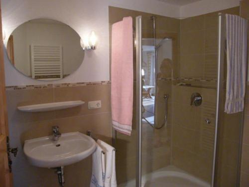 y baño con ducha, lavamanos y ducha. en Barmbichlhof, en Anger
