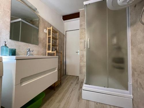 a bathroom with a sink and a shower at Apartment Grappa in Vrbnik