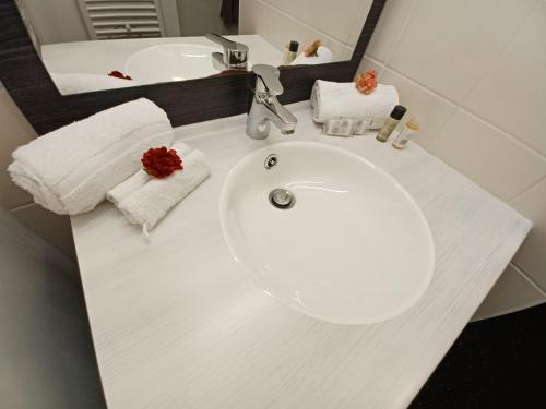 une salle de bain avec un lavabo blanc et un miroir dans l'établissement Residence Seniors Les Essentielles, à Caen