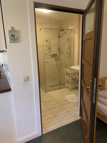ein Bad mit einer Dusche und einer Glastür in der Unterkunft Sosnowa Mila in Pobierowo