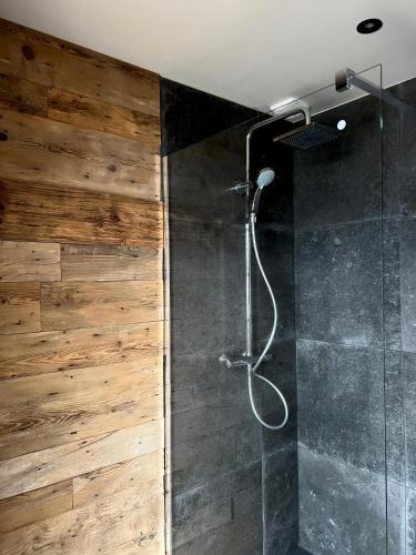une douche dans une salle de bain avec un mur en bois dans l'établissement Nouveauté 2024 Chalet Le Lauzaret Villard-Reculas, à Villard-Reculas
