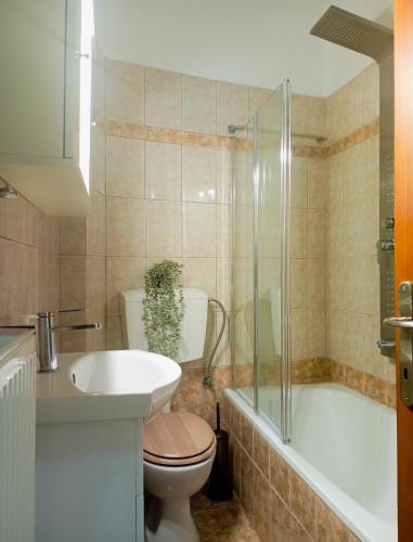 a bathroom with a toilet and a sink and a tub at Gk Suites-Constantin view , auto check-in 24h in Larisa