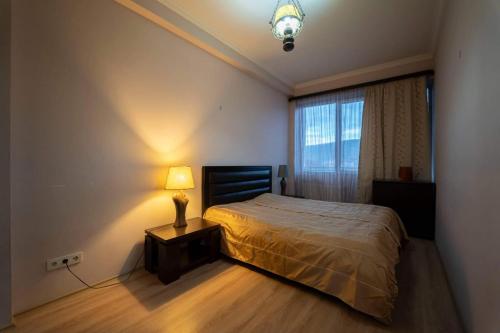 a bedroom with a bed with a lamp and a window at cosy apartment in Kokotauri