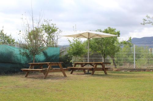a picnic table and an umbrella in the grass at Hostal Rural Fidel Garcia Guzman in Chera