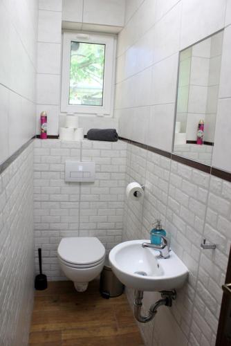 a white bathroom with a toilet and a sink at Rodinná izba Stummer in Topoľčany