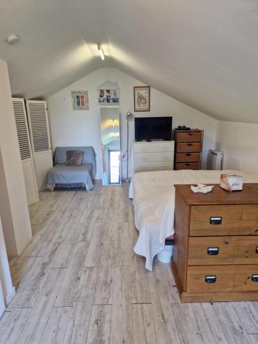 a bedroom with a bed and a dresser and a television at Chez Gabrielle in Gaillard