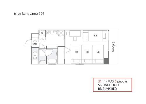 Půdorys ubytování trive kanayama501 - 名駅へアクセス良好 最大5名宿泊可能