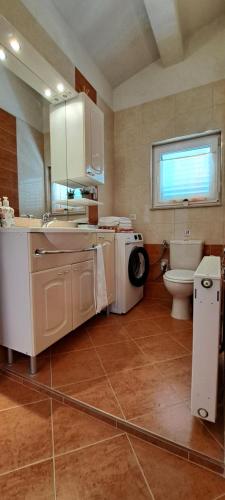 a bathroom with a toilet and a sink and a washing machine at Apartments Villa Bella Vista Hvar in Hvar