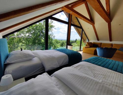 two beds in a room with a large window at Kuća za odmor Villa Cesarica - Zagreb in Graberje Ivanićko
