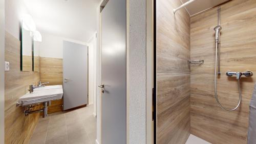 a bathroom with a shower and a sink at Chalet de l Ours in Agettes