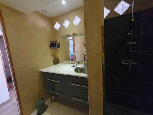 une salle de bain avec un lavabo et un miroir dans l'établissement Appartement dans le Faubourg proche de la plage, à Collioure