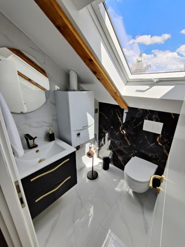 a bathroom with a sink and a toilet and a skylight at Kuća za odmor Villa Cesarica - Zagreb in Graberje Ivanićko