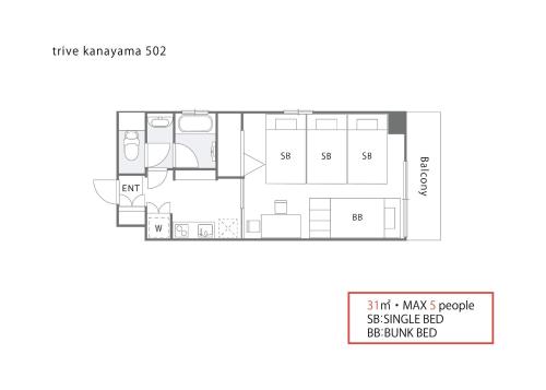 a floor plan of the apartment at trive kanayama502 - 名駅へアクセス良好 最大5名宿泊可能 in Mutsunochō