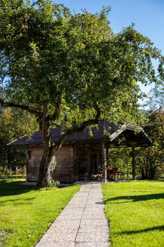 a log cabin with a tree in the grass at DAS Hintersee in Hintersee