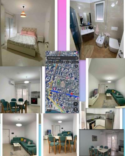 un collage de fotos de un dormitorio y una habitación en Lungo mare holiday apartment for family en Vlorë