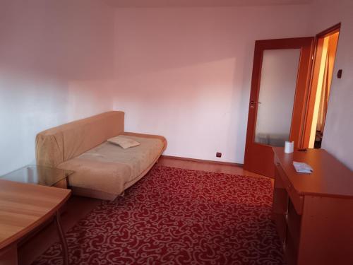 a small room with a bed and a table and a mirror at Apartament 1 camera zona liniștită in Drobeta-Turnu Severin