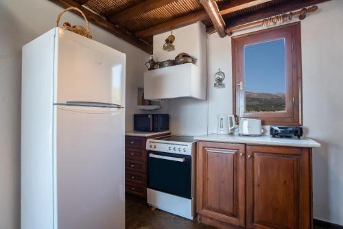 a kitchen with a refrigerator and a stove and a window at Black Sand in Moutsouna Naxos