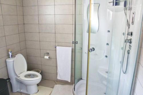 a small bathroom with a toilet and a shower at Ezulwini Zululami in Ezulwini