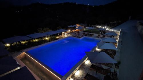 una piscina por la noche con iluminación azul en Gle-Alb AgroTourism, en Tepelenë