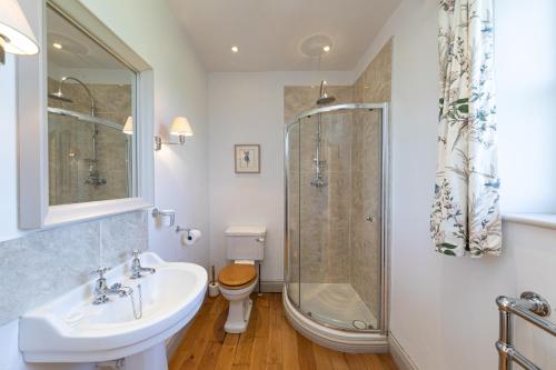 a bathroom with a shower and a sink and a toilet at Charming Georgian Coach House in Hexham