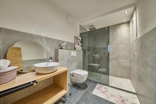 マイスホーフェンにあるApartment Sophieの洗面台、トイレ、シャワー付きのバスルーム