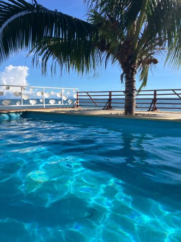 a swimming pool with a palm tree and the ocean at Lodge Villa MAYANKI in Dzamandzar