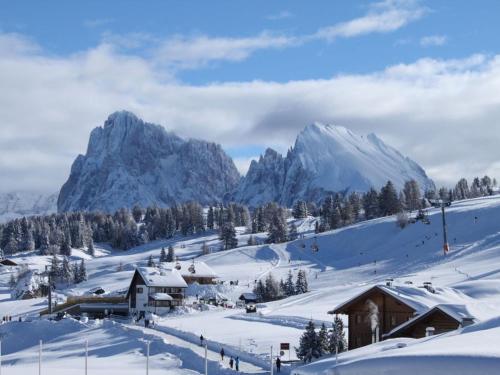 a snow covered mountain with a village and buildings at Chalet Hubertus in Kastelruth