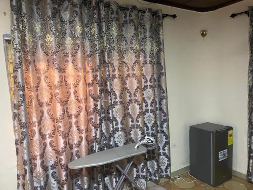 a room with a shower curtain and a speaker at Villa de chez nous in North Legon