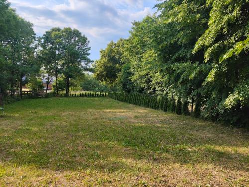 a fence in a field with trees in the background at Dolistówka Apartamenty, pole namiotowe, balia z jacuzzi, ogród warzywny dla gości, plac zabaw dla dzieci in Goniadz