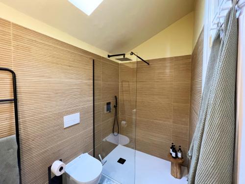 a bathroom with a shower and a toilet at Patio Canario * Beach Escape / 2 rooms, 2 terraces & pool in Arona
