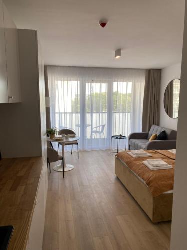 Un dormitorio con una cama y una sala de estar. en TOMALE-AMT Apartamenty Kasprowicza Kołobrzeg - basen, jacuzzi, sauna, siłownia w cenie apartamentu, en Kołobrzeg