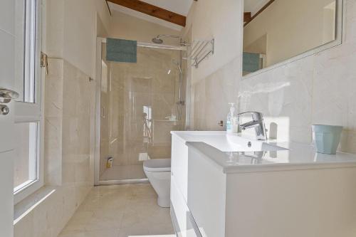 a bathroom with a sink and a toilet and a shower at Casa de lujo con piscina, pádel y BBQ in Candeleda