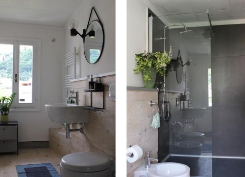 two images of a bathroom with a sink and a shower at Casa Clarita - in centro storico in Marostica