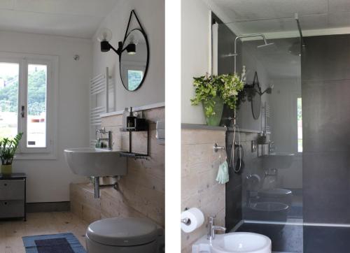 twee afbeeldingen van een badkamer met een wastafel en een douche bij Casa Clarita in Marostica
