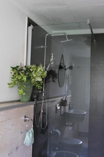 a bathroom with a sink and a toilet and a mirror at Casa Clarita - in centro storico in Marostica