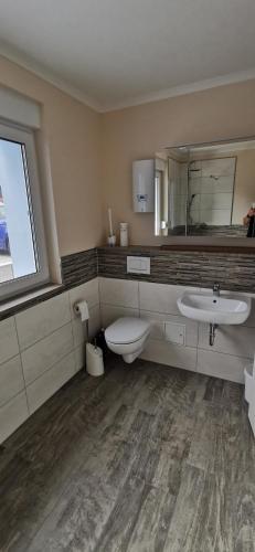 a bathroom with a sink and a toilet and a mirror at Ferienunterkunft Herbstsonne im Lausitzer Seenland in Burg