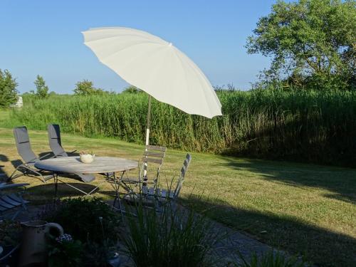 a table and chairs with an umbrella in a yard at Ferienwohnung Erdgeschoss in Fehmarn