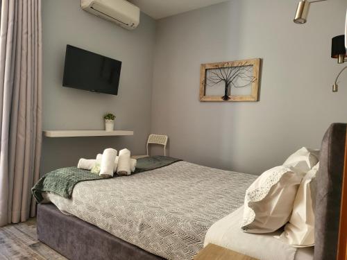 a bedroom with a bed with a tv on the wall at Leao de Ouro in Matosinhos